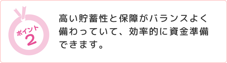 ポイント2:高い貯蓄性と保障がバランスよく備わっていて、効率的に資金準備できます。